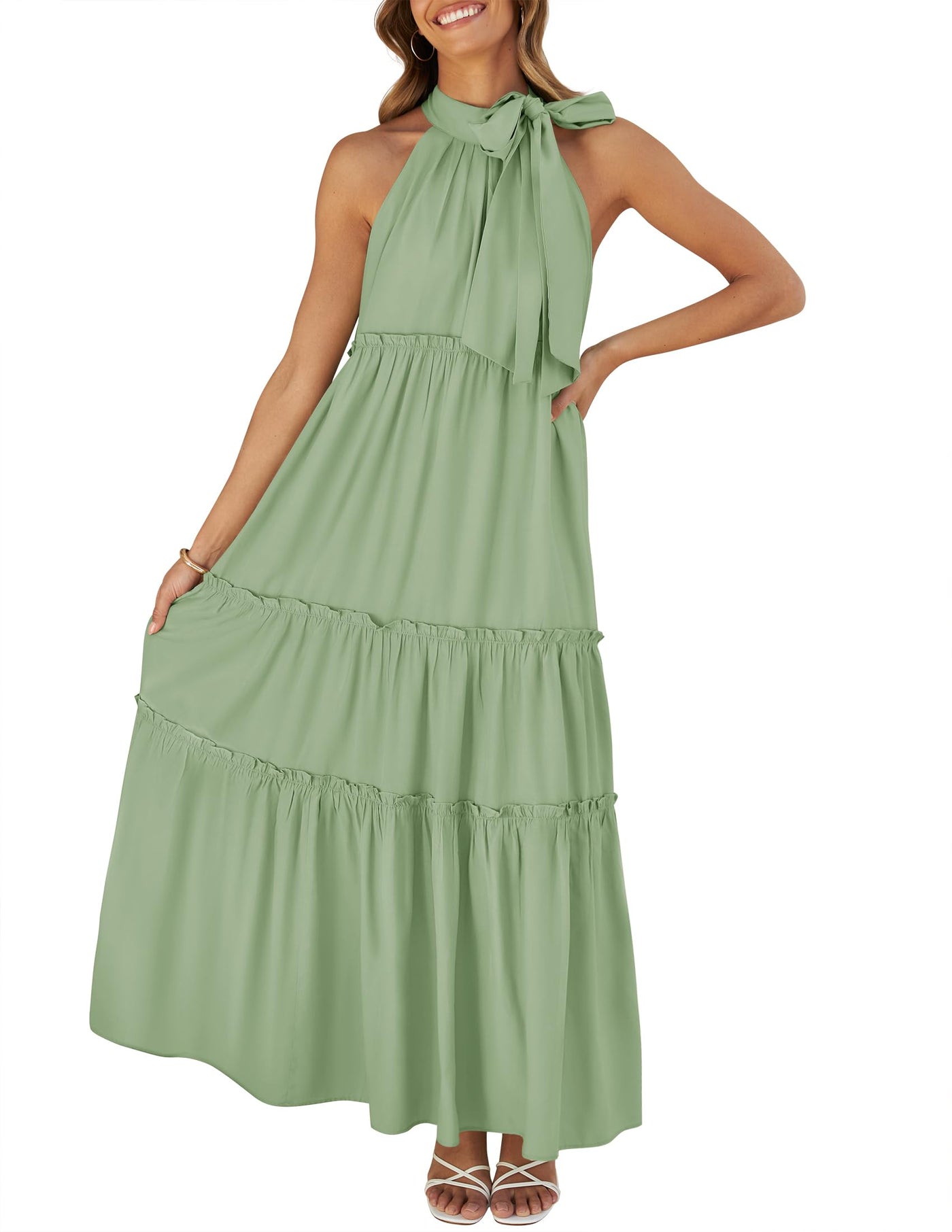 Flowy Dresses For Women Sleeveless Pleated Halter Midi Dress