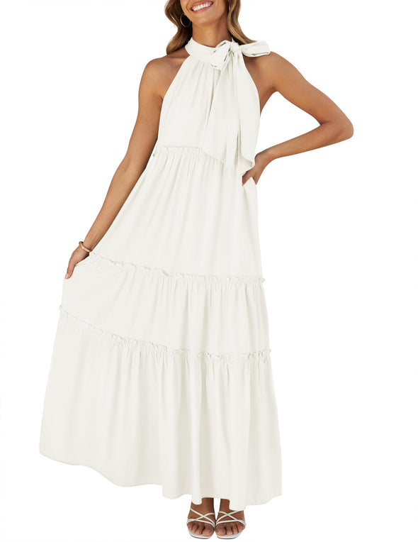 ZESICA Halter Sleeveless Pleated Flowy Maxi Dress