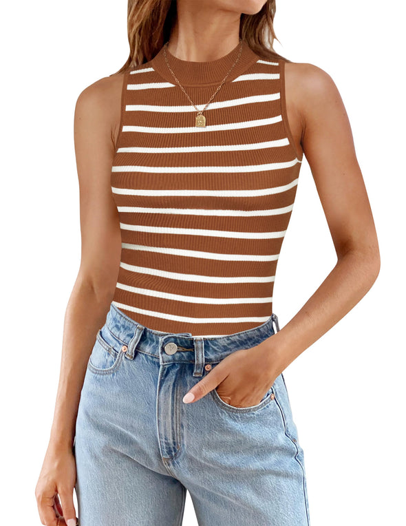 ZESICA High Neck Slim Fitted Ribbed Striped Tank Top