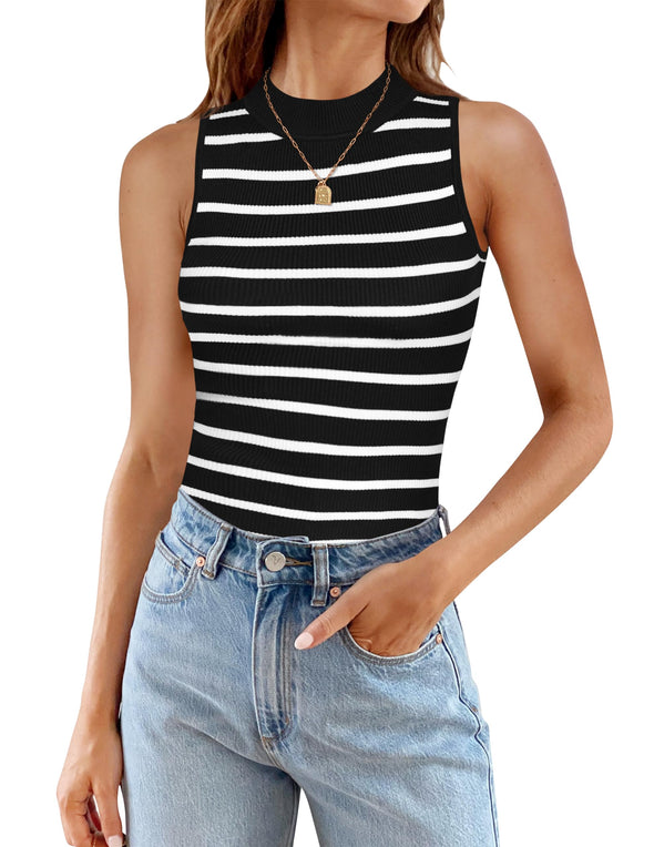 ZESICA High Neck Slim Fitted Ribbed Striped Tank Top
