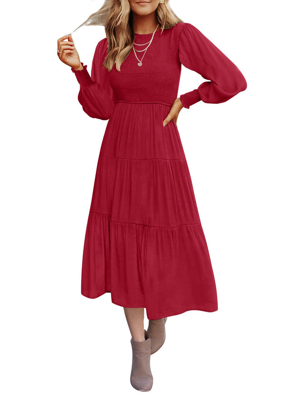 ZESICA High Waist Smocked Flowy Tiered Midi Dress – zesica