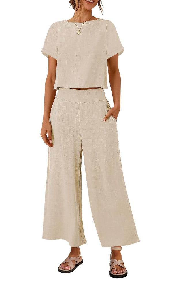 ZESICA Linen Short Sleeve Crop Top High Waist Pants Lounge Set