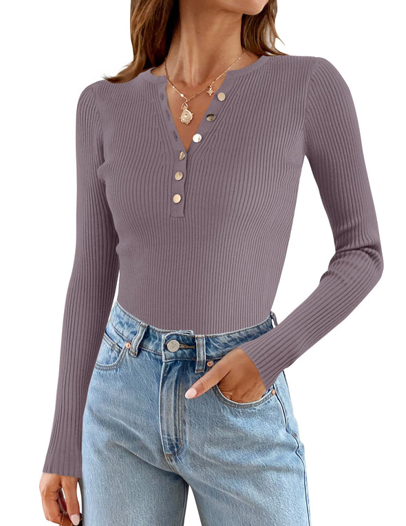 ZESICA Long Sleeve Button Down V Neck Slim Fitted Ribbed Top