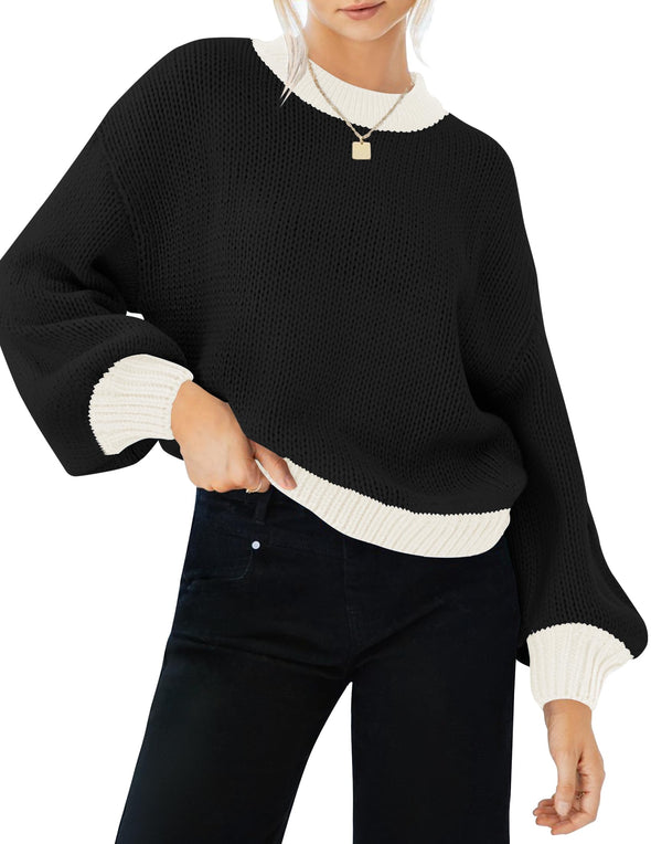 ZESICA Long Sleeve Crew Neck Contrast Color Loose Sweater Top