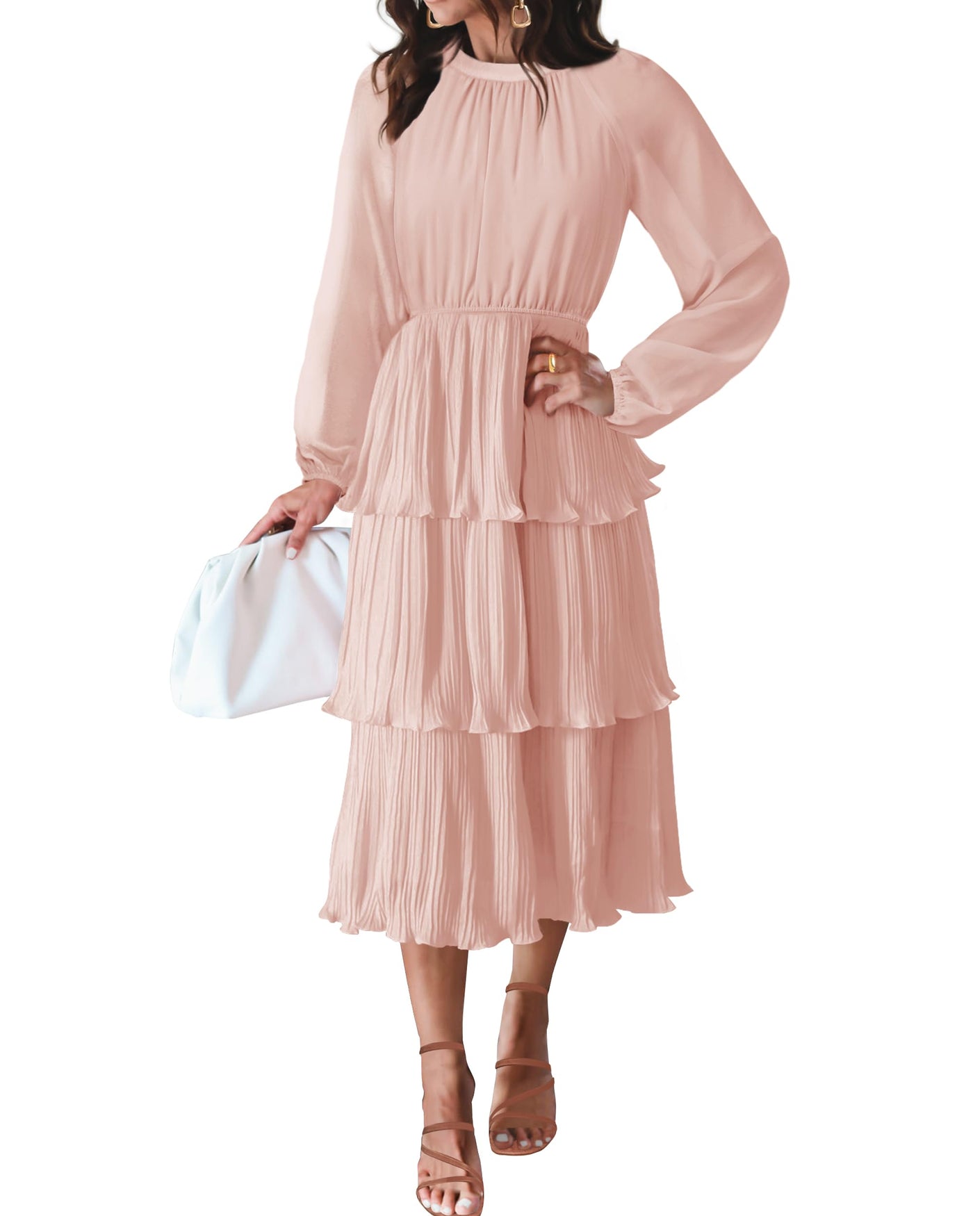 tiered ruffle crew neck long sleeve midi dress Long Sleeve Polka Dot Print Ruffled Tiered Midi Dress