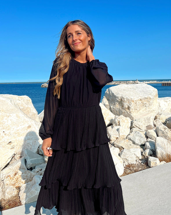 ZESICA Long Sleeve Crew Neck Ruffle Tiered Chiffon Midi Dress