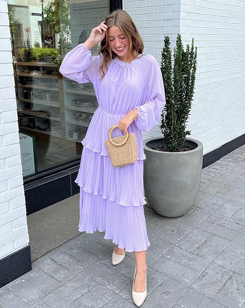 ZESICA Long Sleeve Crew Neck Ruffle Tiered Chiffon Midi Dress