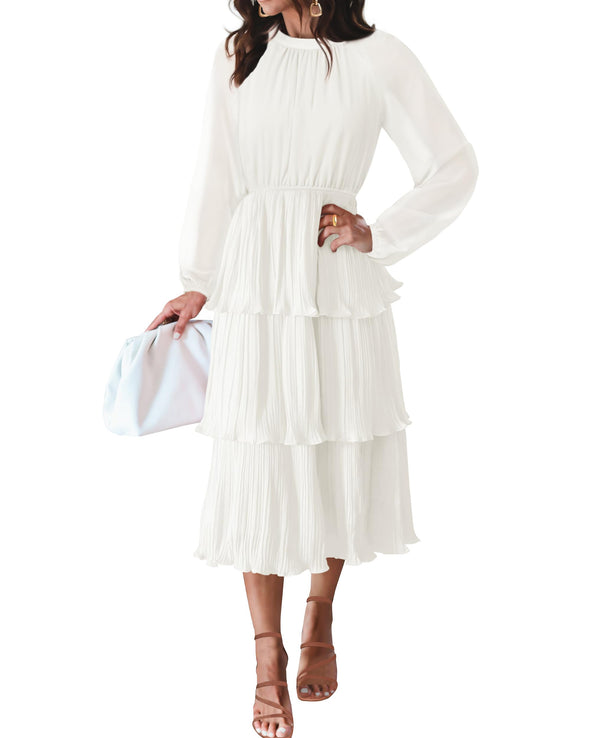 ZESICA Long Sleeve Crew Neck Ruffle Tiered Chiffon Midi Dress