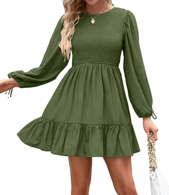 ZESICA Long Sleeve Crew Neck Smocked Tiered Mini Dress