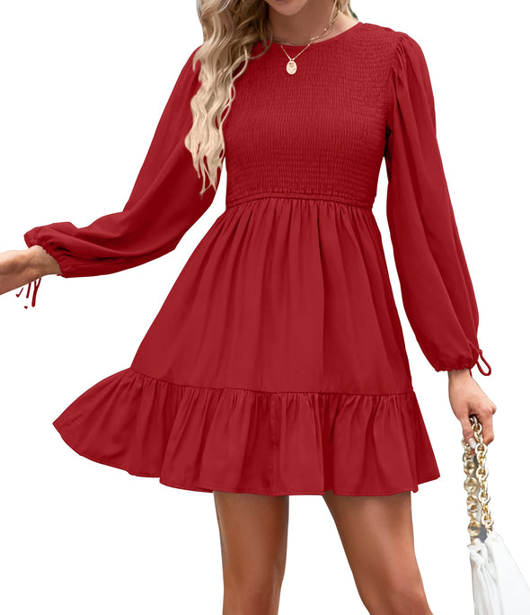 ZESICA Long Sleeve Crew Neck Smocked Tiered Mini Dress