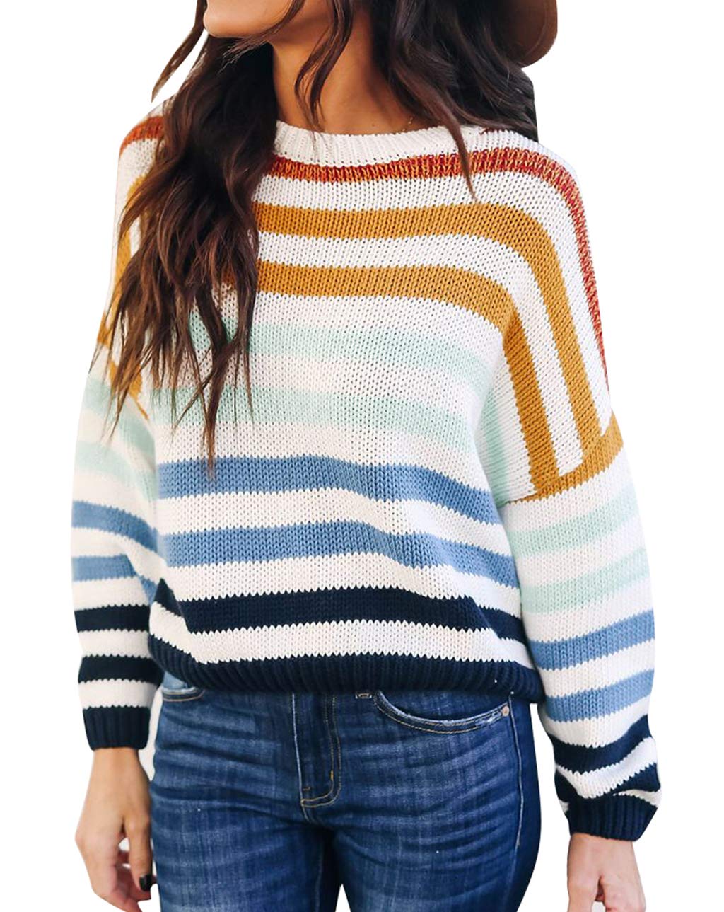 ZESICA Long Sleeve Crew Neck Striped Color Block Loose Sweater – zesica