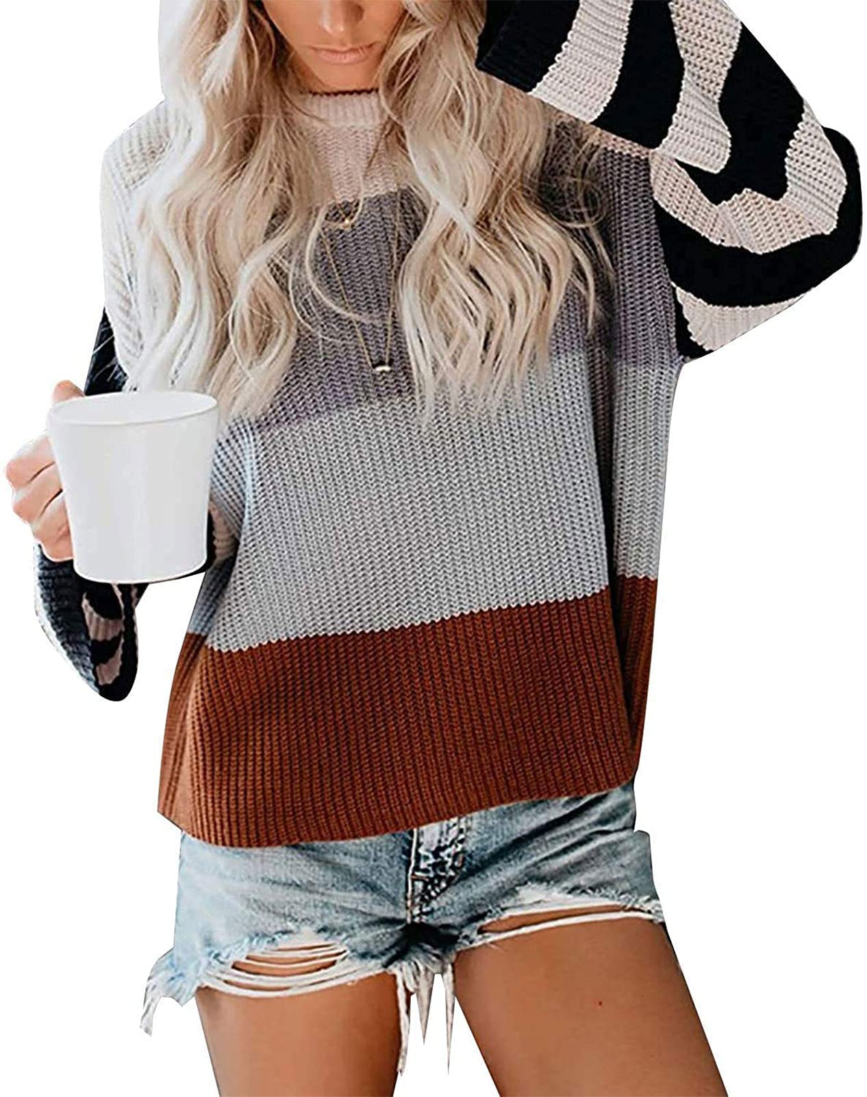 ZESICA Long Sleeve Crew Neck Striped Color Block Loose