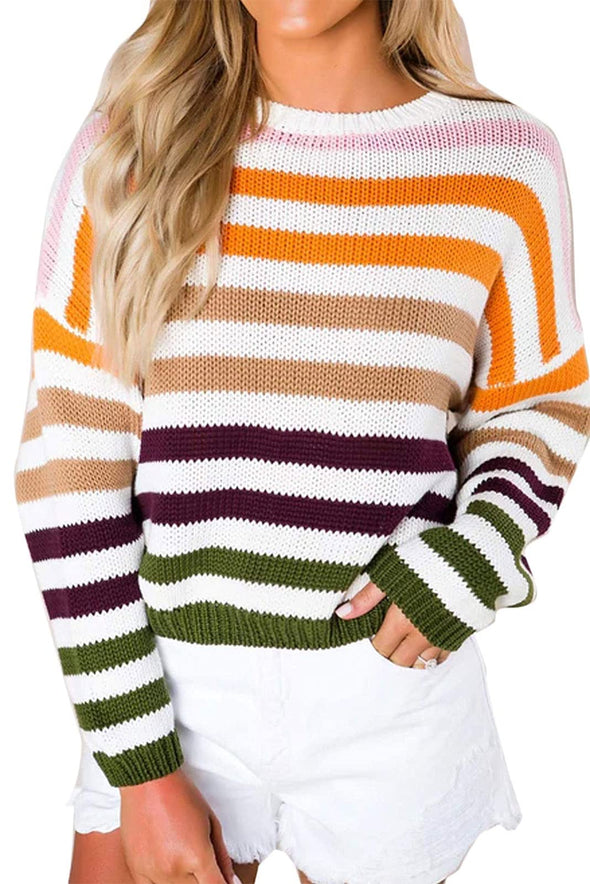 ZESICA Long Sleeve Crew Neck Striped Color Block Loose Sweater