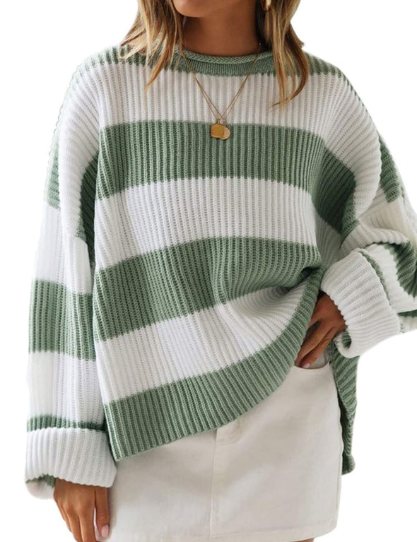 ZESICA Long Sleeve Crew Neck Striped Color Block Oversized Sweater