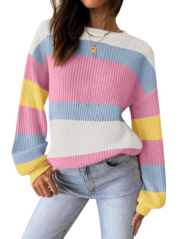 ZESICA Long Sleeve Crew Neck Striped Color Block Oversized Sweater