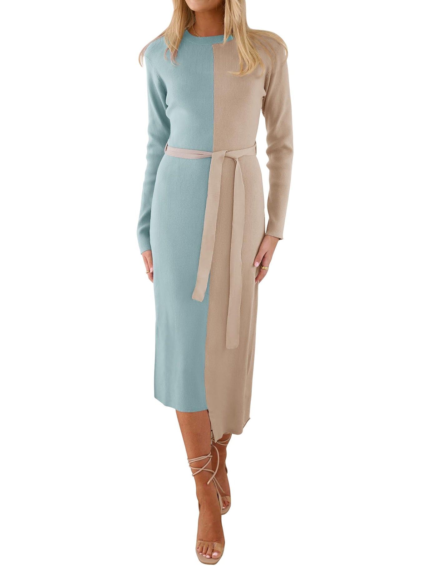 ZESICA Long Sleeve Crewneck Tie Waist Ribbed Midi Dress zesica ZESICA Long Sleeve Crewneck Tie Waist Ribbed Midi Dress zesica