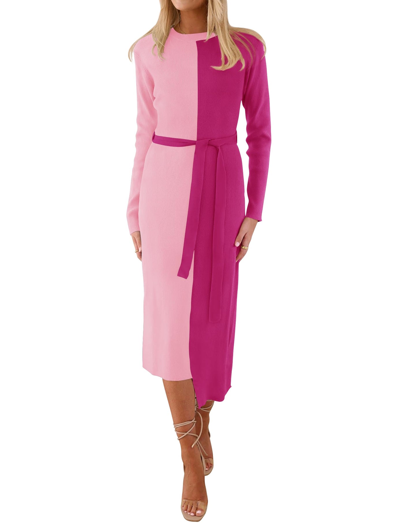 ZESICA Long Sleeve Crewneck Tie Waist Ribbed Midi Dress zesica ZESICA Long Sleeve Crewneck Tie Waist Ribbed Midi Dress zesica