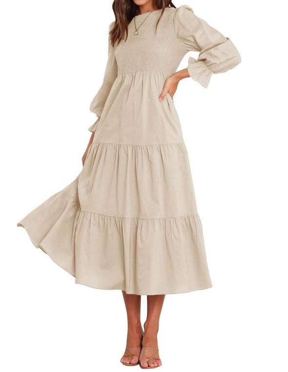 ZESICA Long Sleeve Elastic Waist Smocked Flowy Tiered Midi Dress
