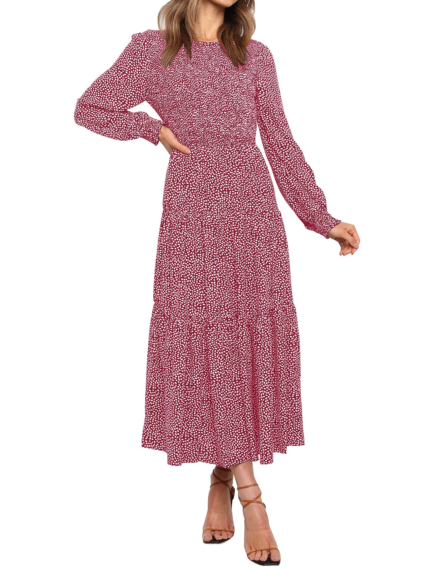 ZESICA Long Sleeve Elastic Waist Smocked Flowy Tiered Midi Dress