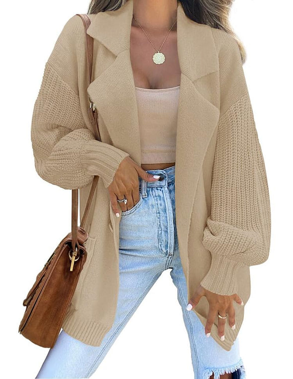 ZESICA Long Sleeve Open Front Lapel Oversized Knit Sweater Cardigan