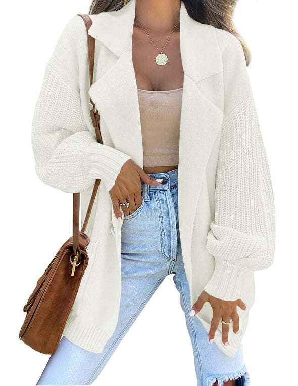 ZESICA Long Sleeve Open Front Lapel Oversized Knit Sweater Cardigan