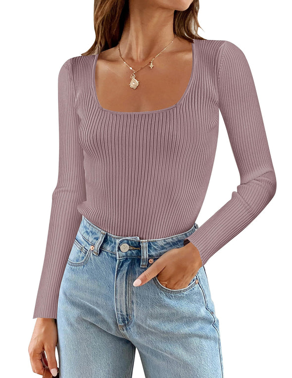 ZESICA Long Sleeve Square Neck Slim Fitted Ribbed Knit Top
