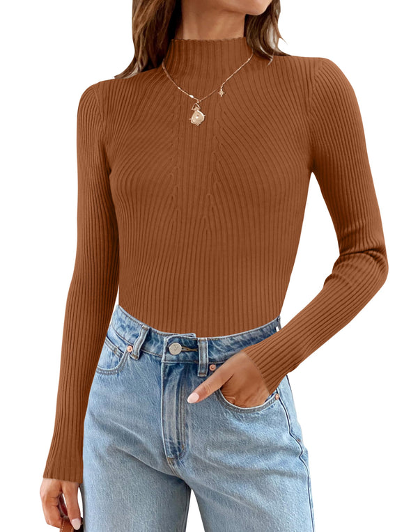 ZESICA Long Sleeve Turtleneck Ribbed Knit Basic Top