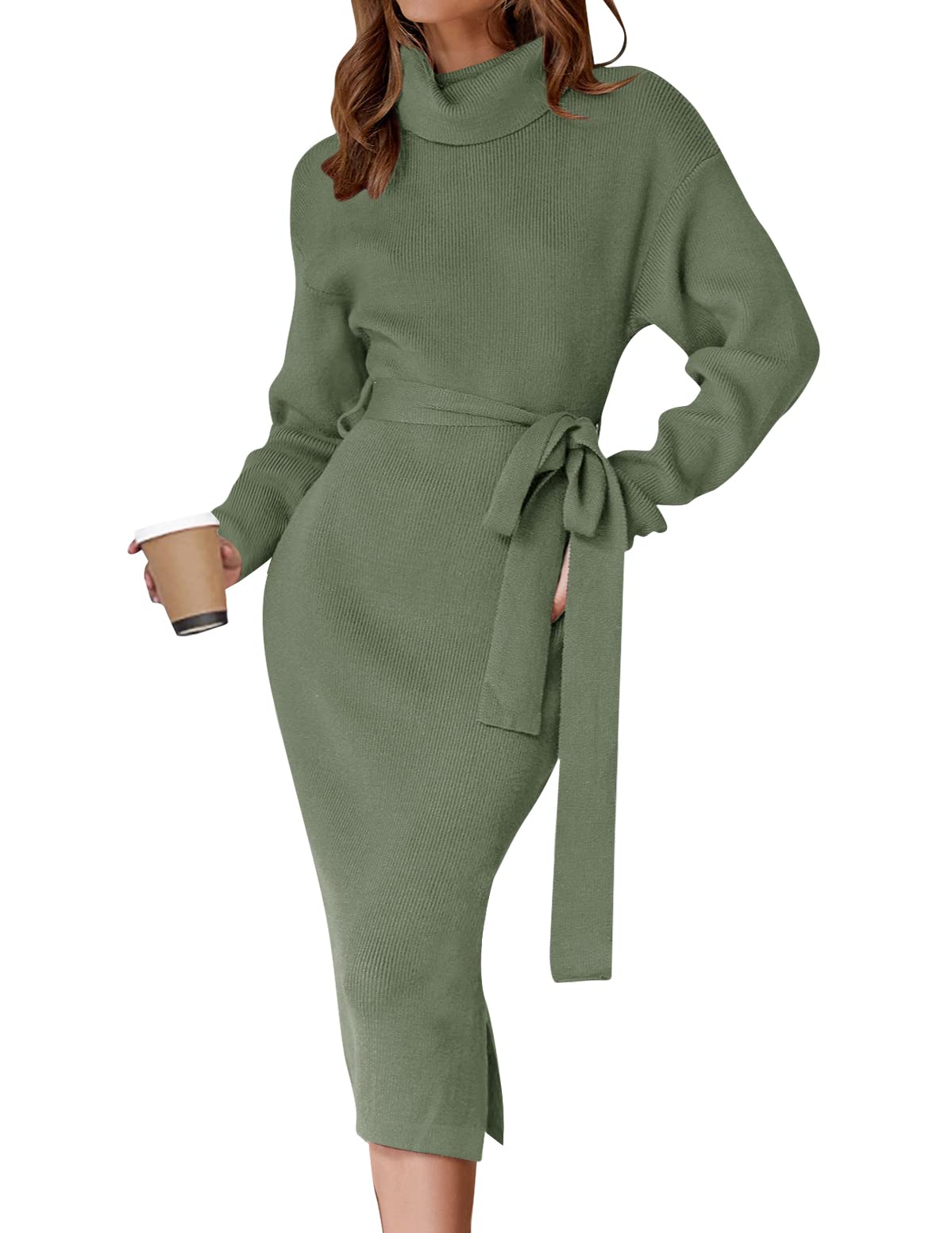 ZESICA Long Sleeve Turtleneck Sweater Slit Midi Dress zesica ZESICA Long Sleeve Turtleneck Sweater Slit Midi Dress zesica
