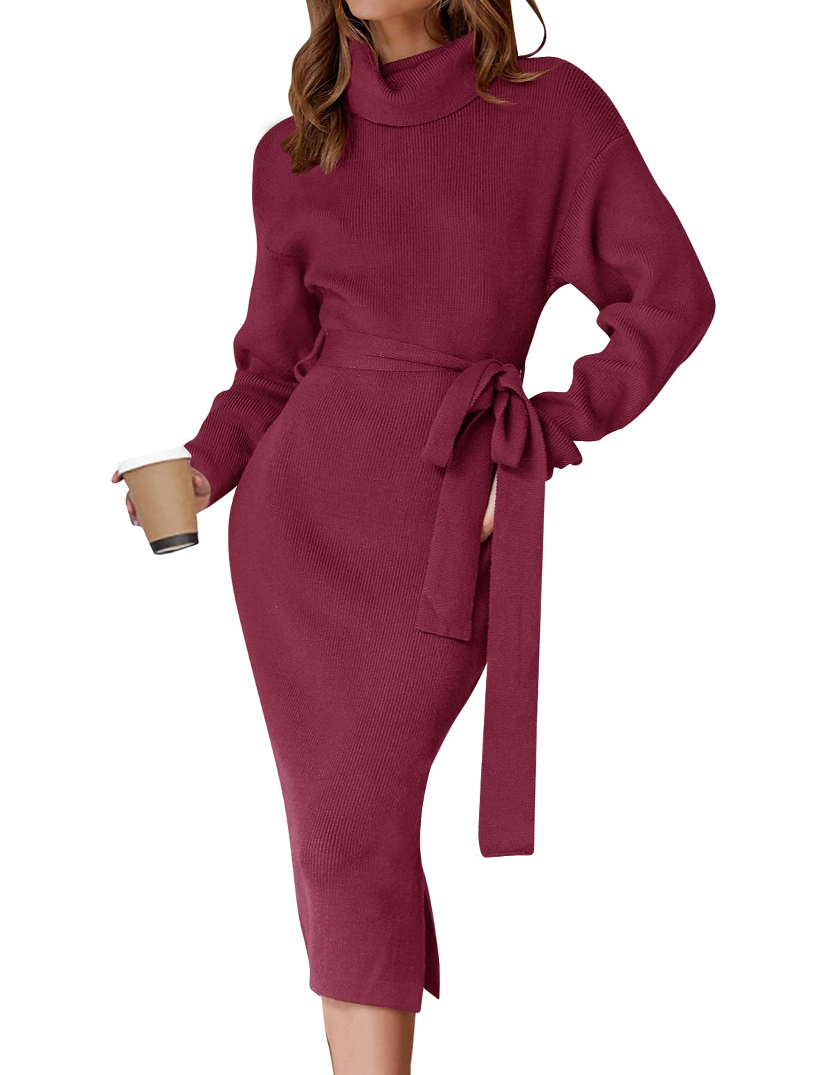 ZESICA Long Sleeve Turtleneck Sweater Slit Midi Dress zesica ZESICA Long Sleeve Turtleneck Sweater Slit Midi Dress zesica