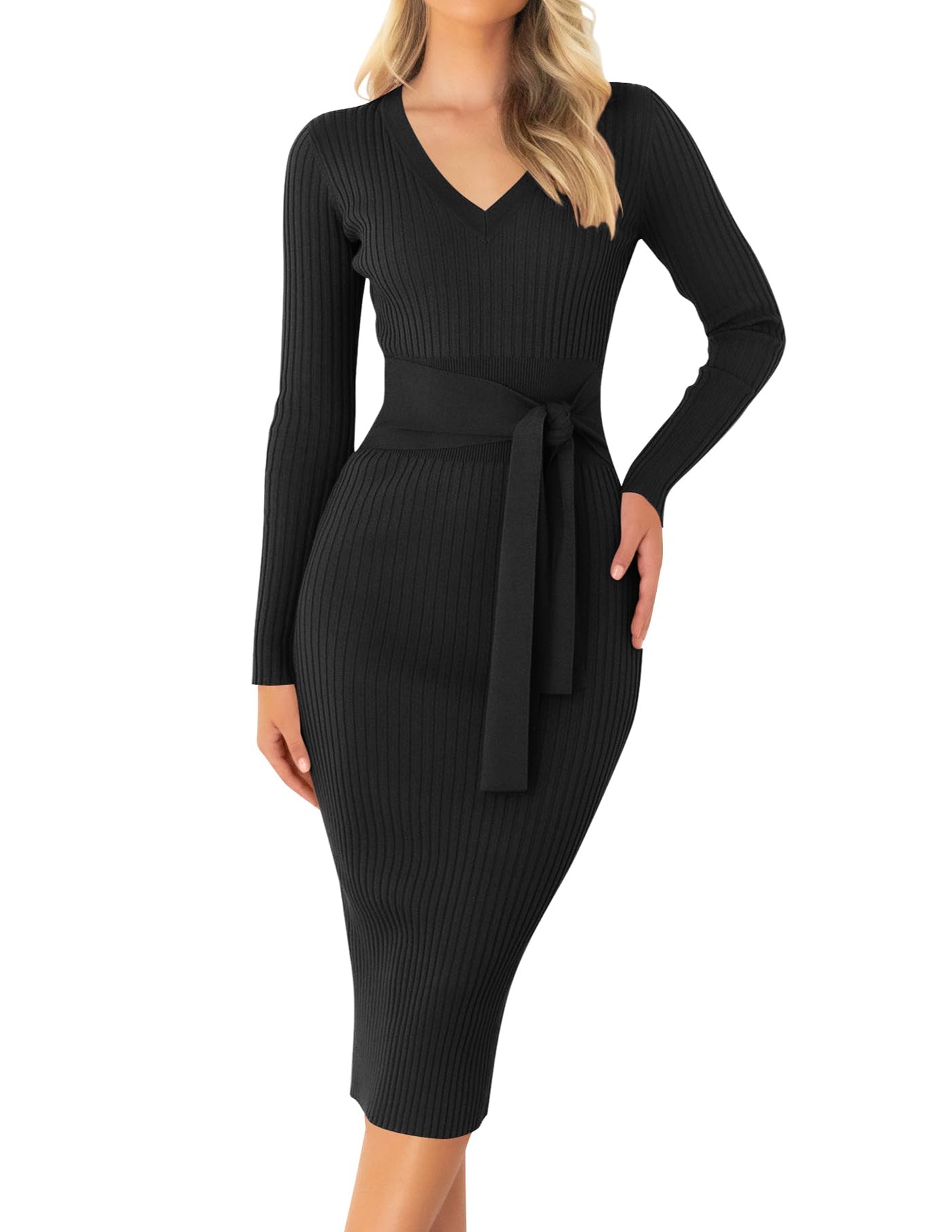 ZESICA Long Sleeve V Neck Tie Waist Ribbed Bodycon Midi Dress zesica ZESICA Long Sleeve V Neck Tie Waist Ribbed Bodycon Midi Dress zesica