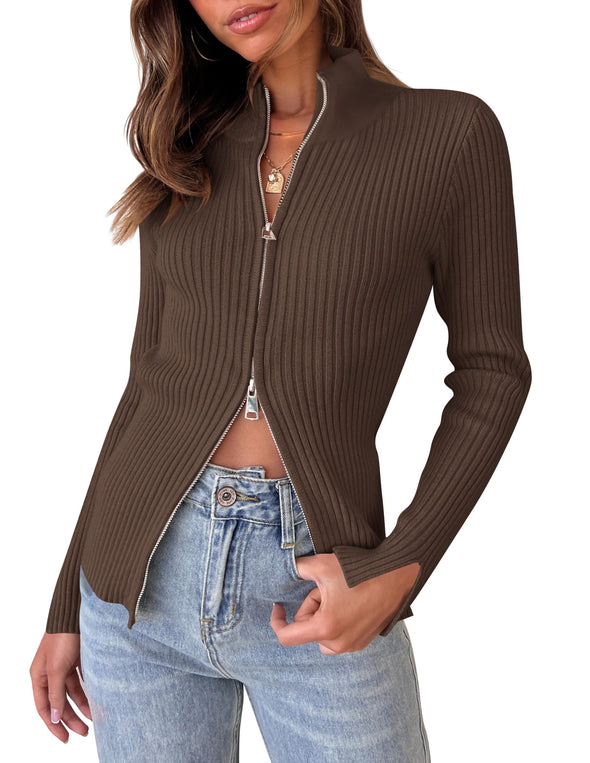 ZESICA Long Sleeve V Neck Zip Up Ribbed Knit Slim Fitted Top