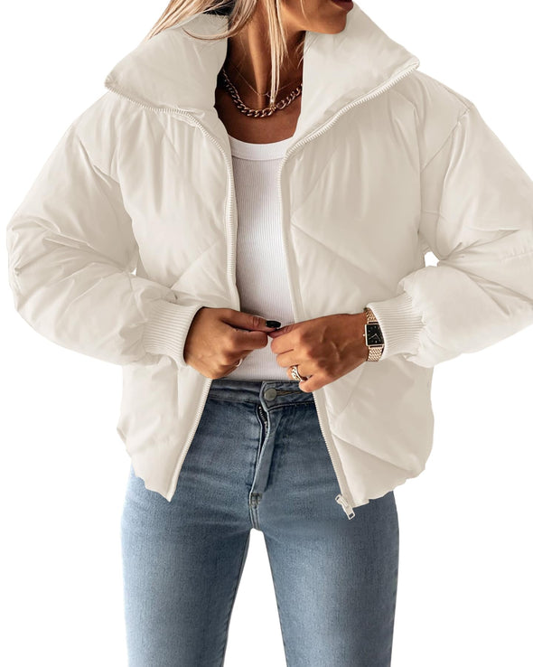 ZESICA Long Sleeve Zip Up Quilted Cropped Puffer Jacket