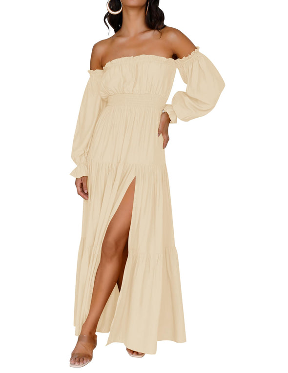 ZESICA Off Shoulder Smocked High Waist Side Split Maxi Dress