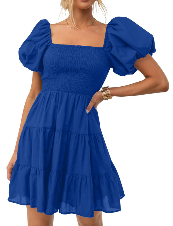 ZESICA Off Shoulder Square Neck Puff Sleeve Smocked ini Dress