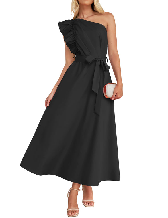 ZESICA One Shoulder Empire Waist Ruffle Maxi Dress