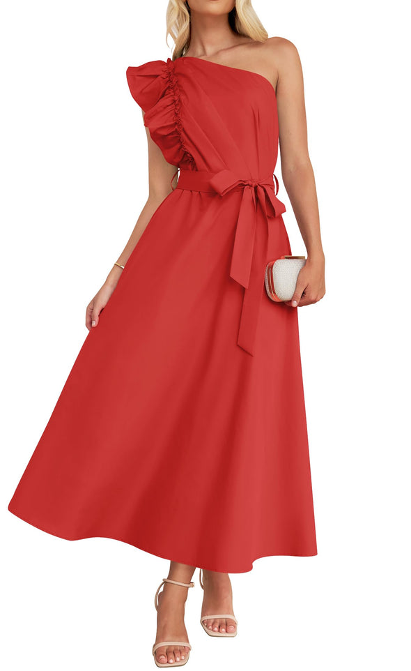 ZESICA One Shoulder Empire Waist Ruffle Maxi Dress