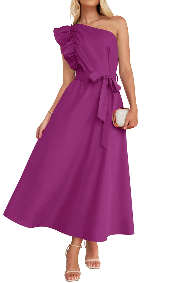 ZESICA One Shoulder Empire Waist Ruffle Maxi Dress