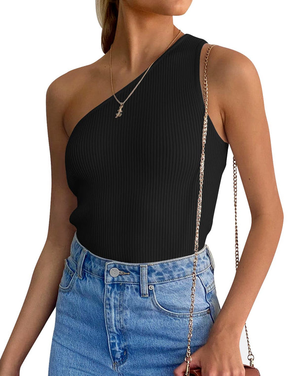 ZESICA One Shoulder Sleeveless Ribbed Knit Top
