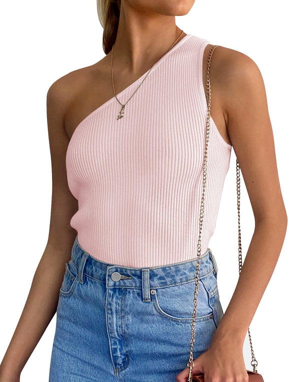 ZESICA One Shoulder Sleeveless Ribbed Knit Top
