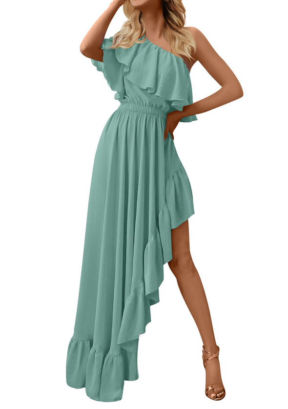 ZESICA One Shoulder Sleeveless Ruffle Asymmetrical High Low Dress