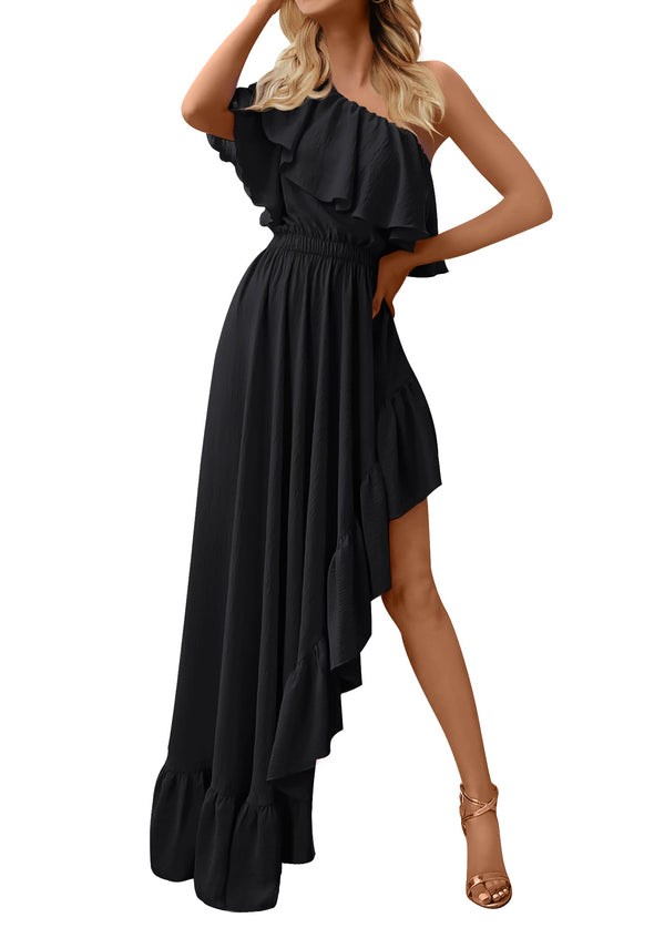 ZESICA One Shoulder Sleeveless Ruffle Asymmetrical High Low Dress