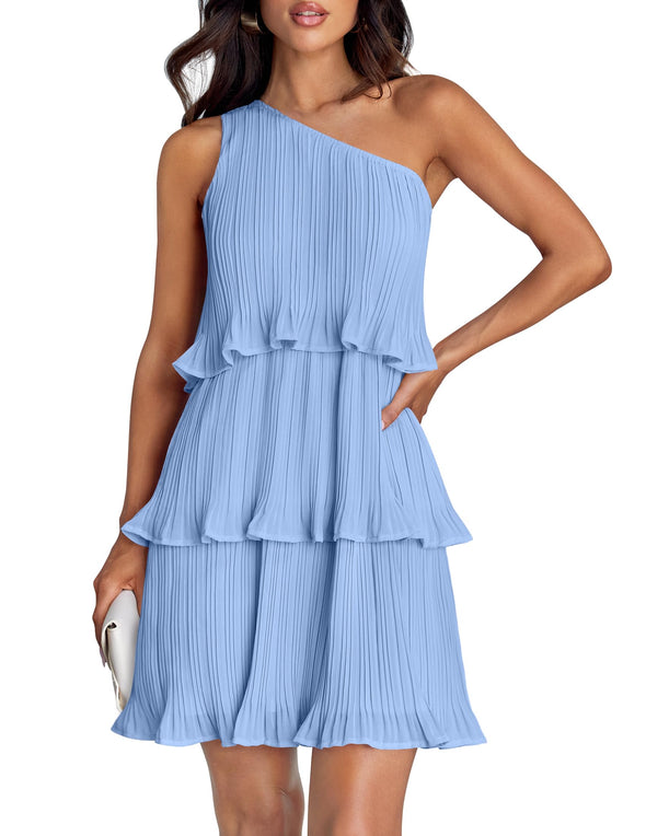 ZESICA One Shoulder Sleeveless Ruffle Tiered Chiffon Mini Dress