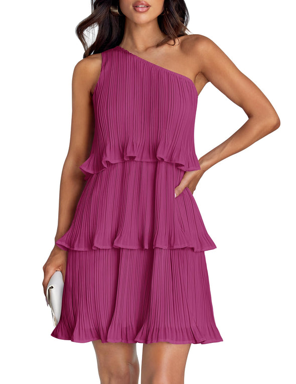 ZESICA One Shoulder Sleeveless Ruffle Tiered Chiffon Mini Dress