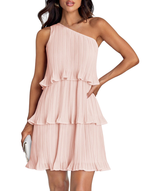 ZESICA One Shoulder Sleeveless Ruffle Tiered Chiffon Mini Dress