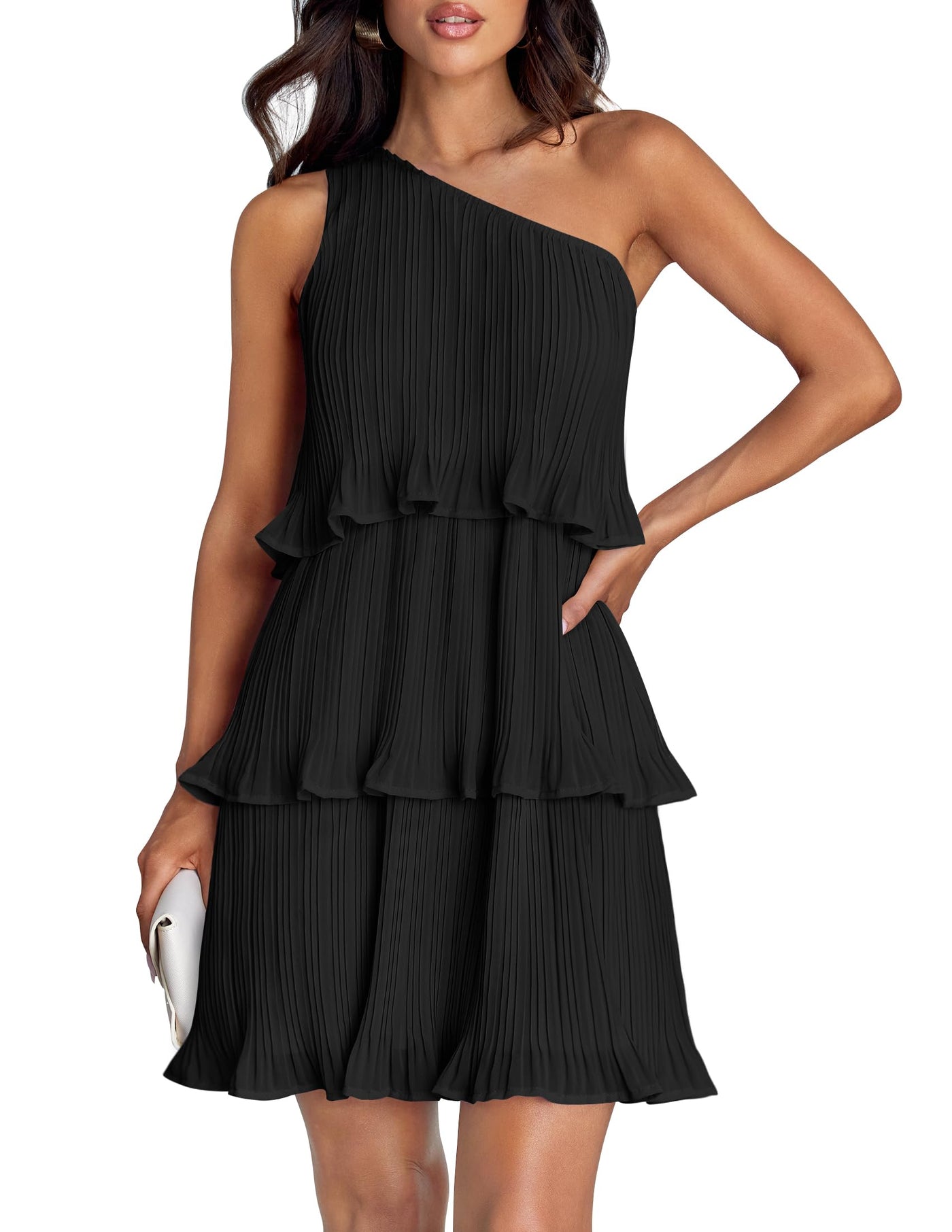 ZESICA One Shoulder Sleeveless Ruffle Tiered Chiffon Mini Dress zesica ZESICA One Shoulder Sleeveless Ruffle Tiered Chiffon Mini Dress zesica
