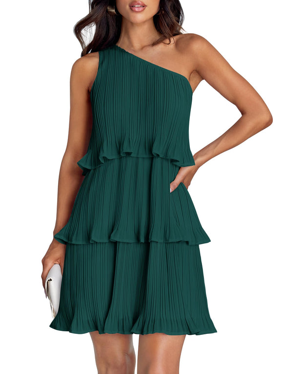 ZESICA One Shoulder Sleeveless Ruffle Tiered Chiffon Mini Dress