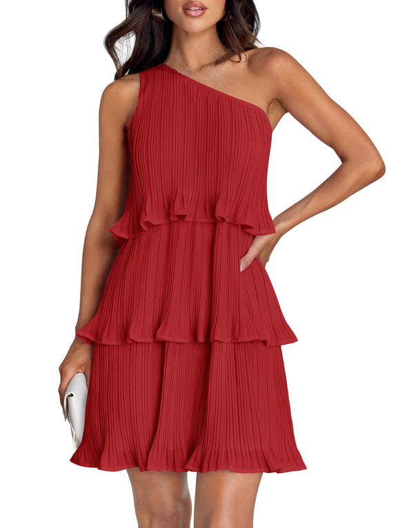 ZESICA One Shoulder Sleeveless Ruffle Tiered Chiffon Mini Dress