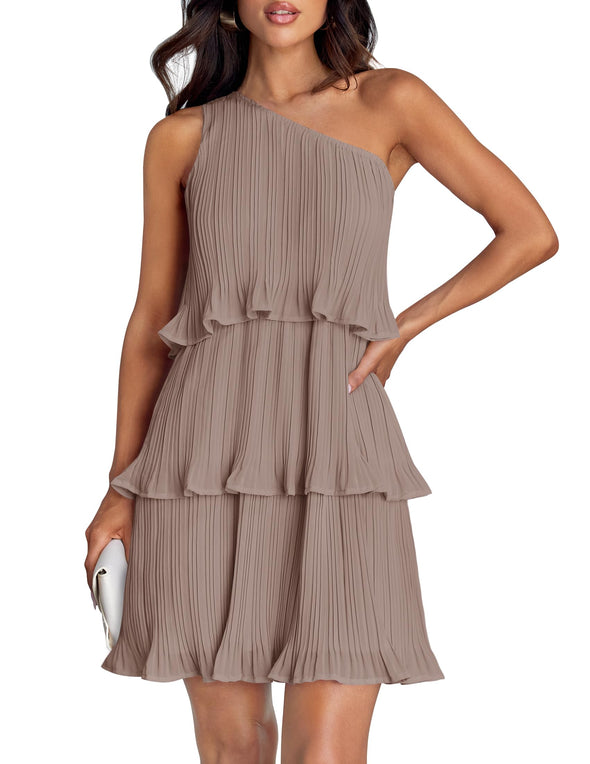 ZESICA One Shoulder Sleeveless Ruffle Tiered Chiffon Mini Dress