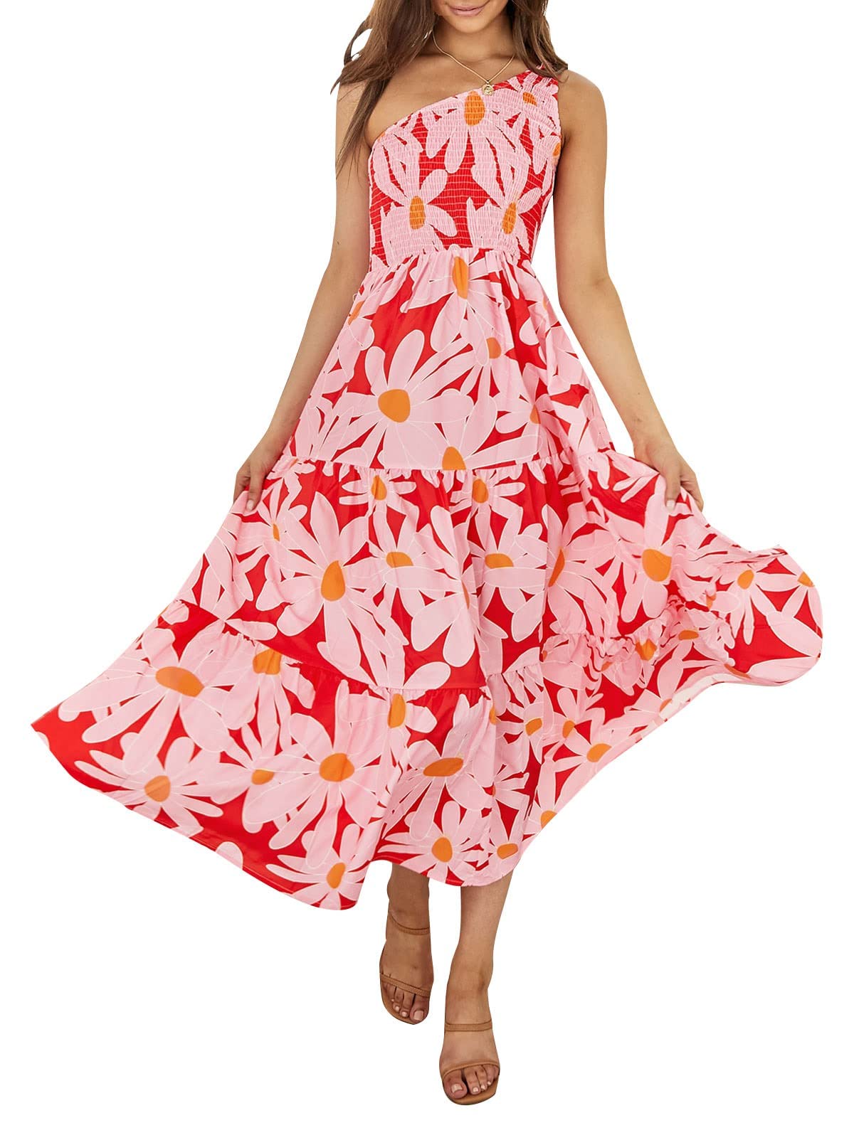 ZESICA One Shoulder Sleeveless Smocked Boho Floral Midi