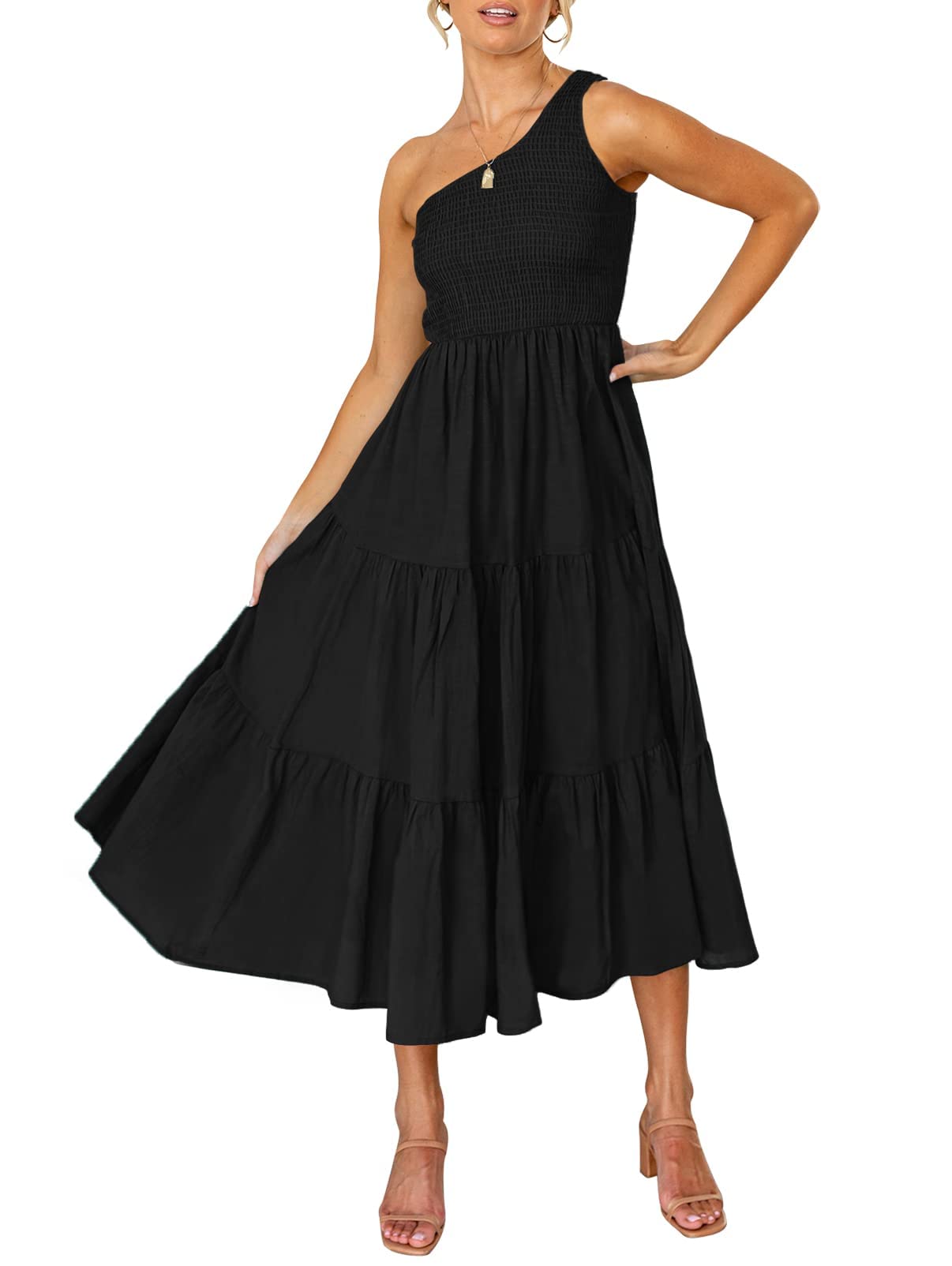 ZESICA One Shoulder Sleeveless Smocked Boho Floral Midi Dress zesica ZESICA One Shoulder Sleeveless Smocked Boho Floral Midi Dress zesica